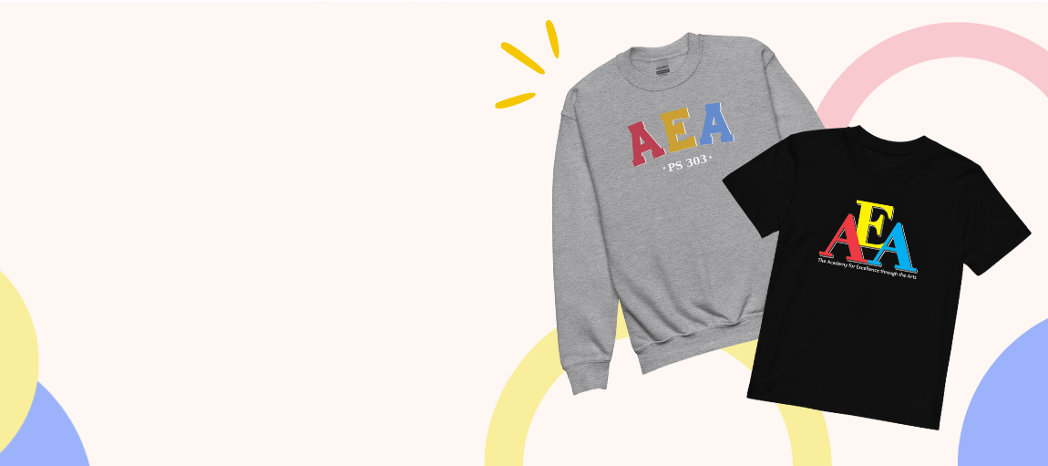 AEA spirit wear sweatshirt and t-shirt with rainbow graphic accents